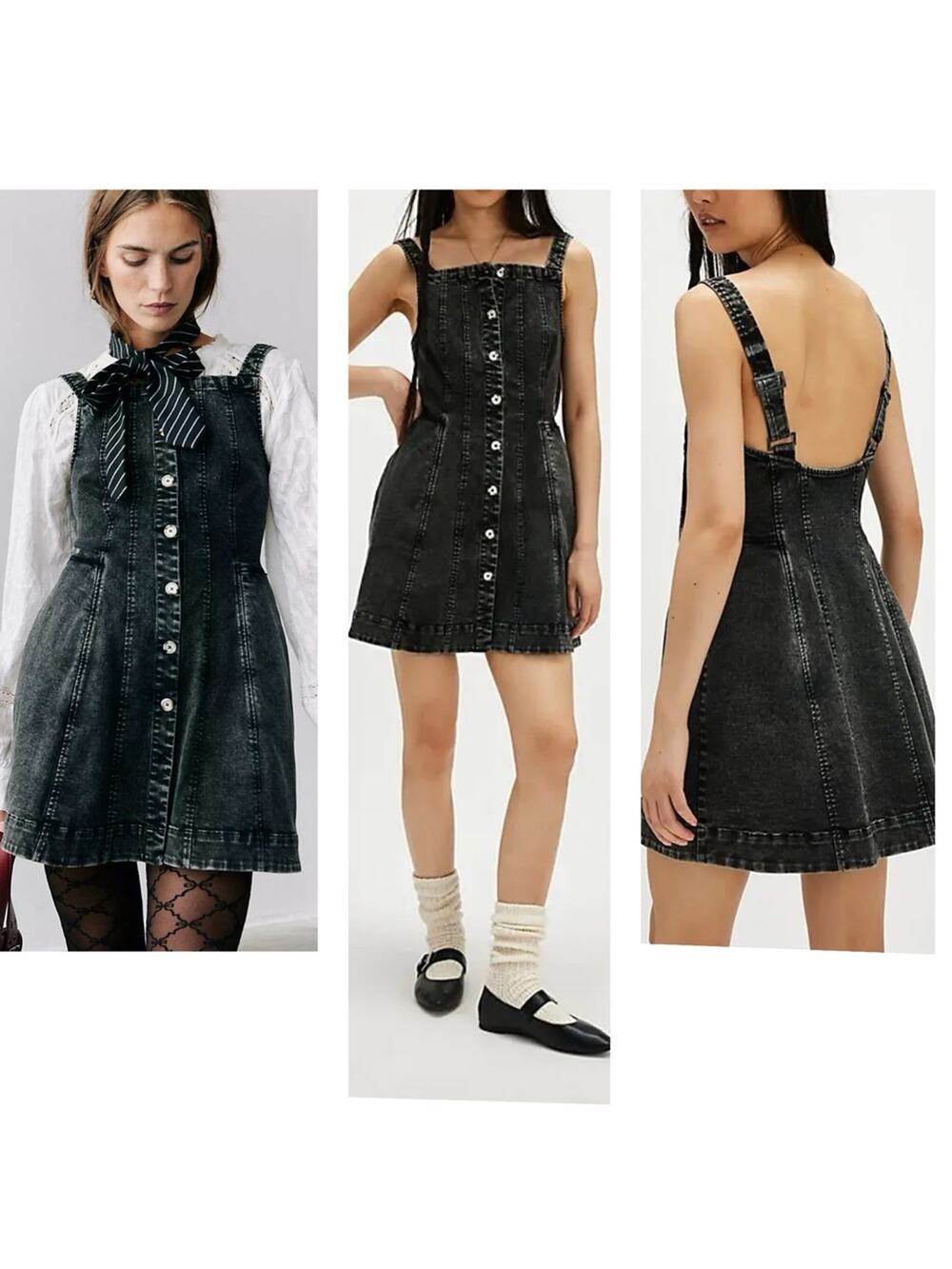 NEW Free People Gimme More Denim Mini Overall Dress Fit Flare Gray Wash Small